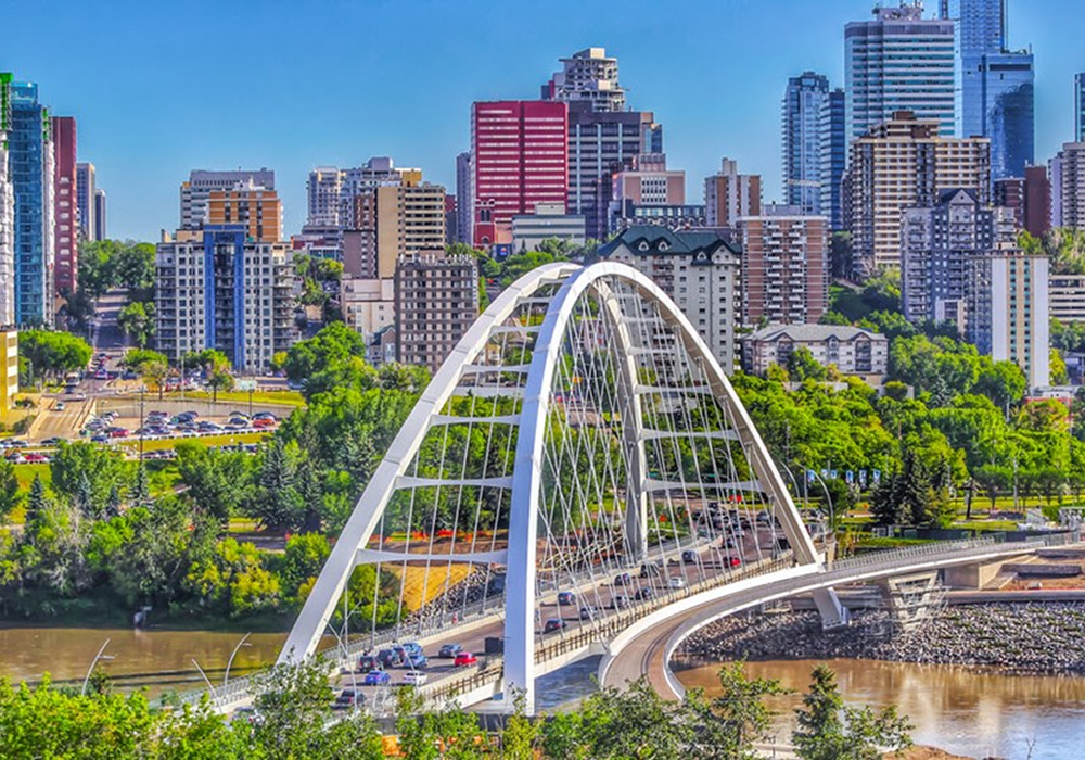 Cityscape with prominent bridge structure